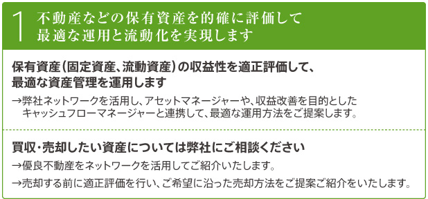 不動産などの保有資産を的確に評価して最適な運用と流動化を実現します